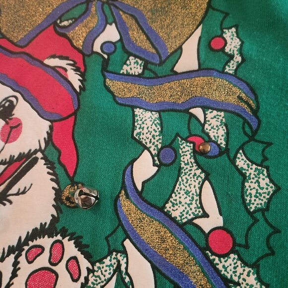 Vintage Christmas Sweater With Teddy Bear Wreath Functional Bells Size Medium - Picture 6 of 8